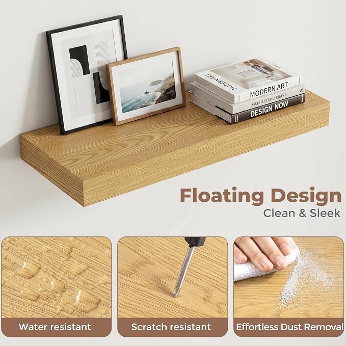 20 Inch Floating Shelves for Wall, 8"D Wood Storage Shelves, Oak Finish | Engineered Wood, Invisible Bracket, Large Storage, Easy Install, Hold Up to 33lbs, Living Room, Bathroom, Bedroom, Kitchen