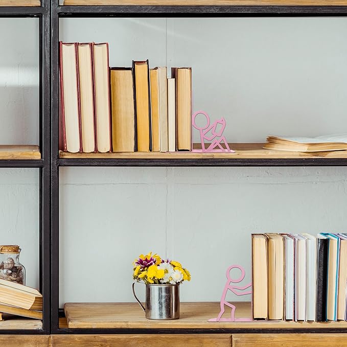 Metal Unique Office Desk Bookends Bookends Decorative Cute Book Ends Reading Decor Bookshelf Decor for Office School Library Bedroom, Book Lovers Gift（Pink）