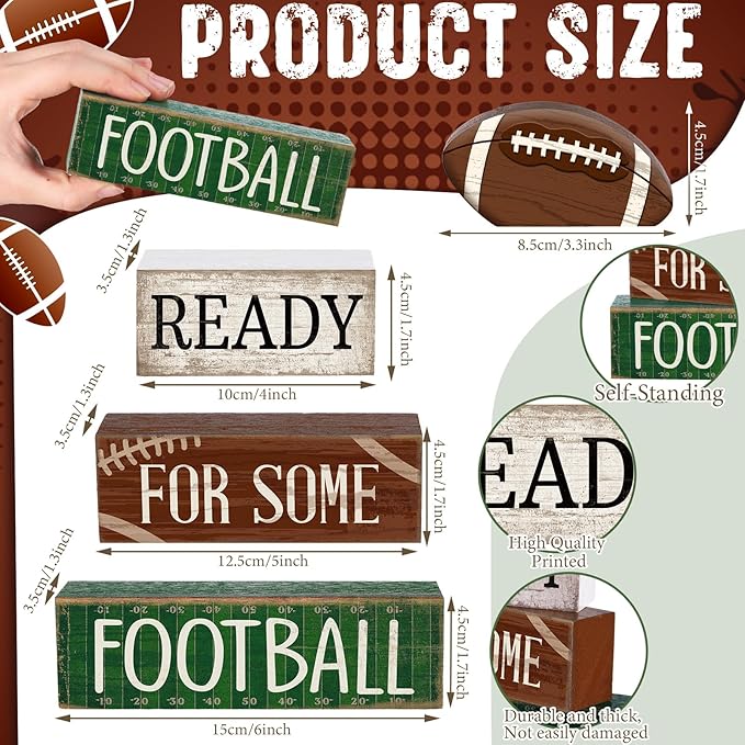 Yuntau 4pcs Football Christmas Table Decoration Happy Football Wooden Block Sign Rugby Tiered Tray Decor Centerpiece Decorative Faux Book Stack for Holiday Tabletop Fireplace Shelf Desk Party Decor
