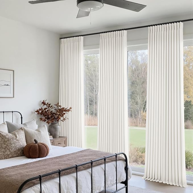 96 Inch Pinch Pleated Linen Curtains 2 Panels Set for Living Room Farmhouse Off White Flax Rustic Textured Drapes 96 Inches Long Pinch Pleat Drapes Ivory Semi Sheer Curtain for Dining Bedroom Office
