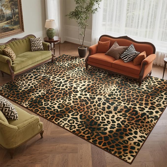 DweIke Leopard Rugs for Living Room, 8x10 Cheetah Print Rug for Bedroom Decor, Washable Non-Slip Stain Resistant Faux Animal Throw Carpet for Dining Room Office Western Home, Dark Brown
