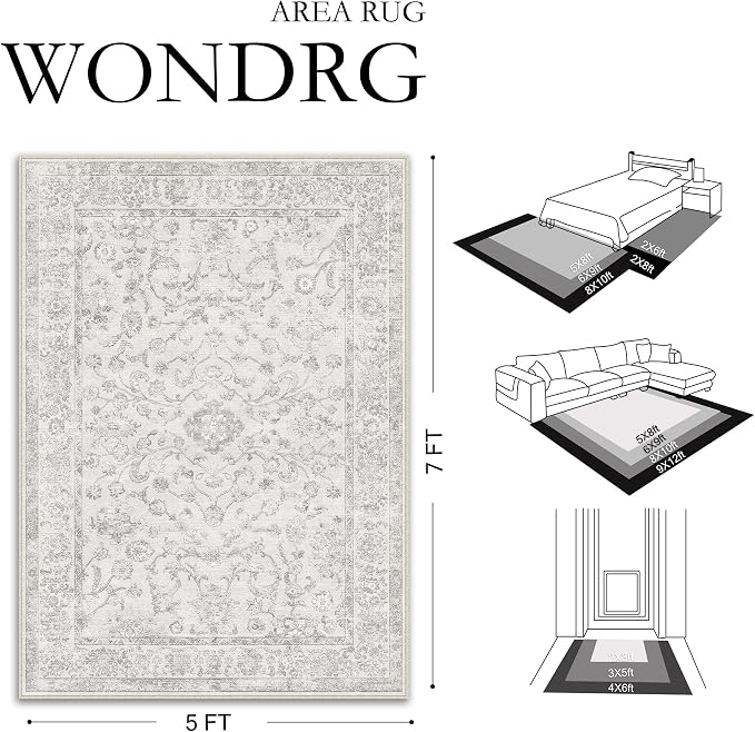 6x9 Grey Washable Area Rug for Living Room Bedroom Neutral Soft Floral Non Slip Large Throw Rug Lightweight Vintage Low Pile Distressed Carpet Office Playroom Dining Room Home Decor
