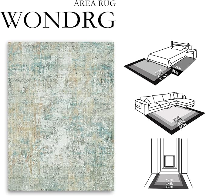 6x9 Washable Area Rug Teal Beige Abstract Non Slip Soft Low Pile Rug for Living Room Bedroom Dining Room Office Neutral Modern Indoor Throw Carpet for Home Decor