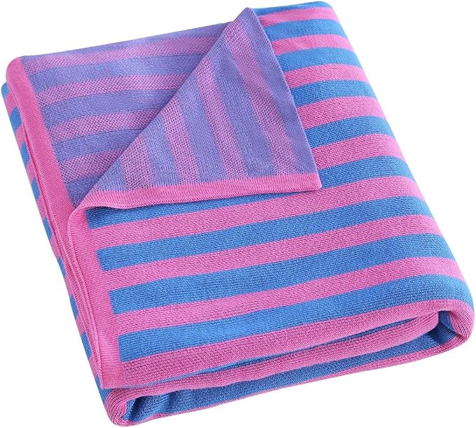 BOV Knitted Throw Blanket - 100% Viscose Super Soft Breathable Comfy Decorative Throw Blanket for Chair Couch Sofa Bed, Perfect Self Care Gifts for Women, Fuchsia & Azure Stripe 50"x60"