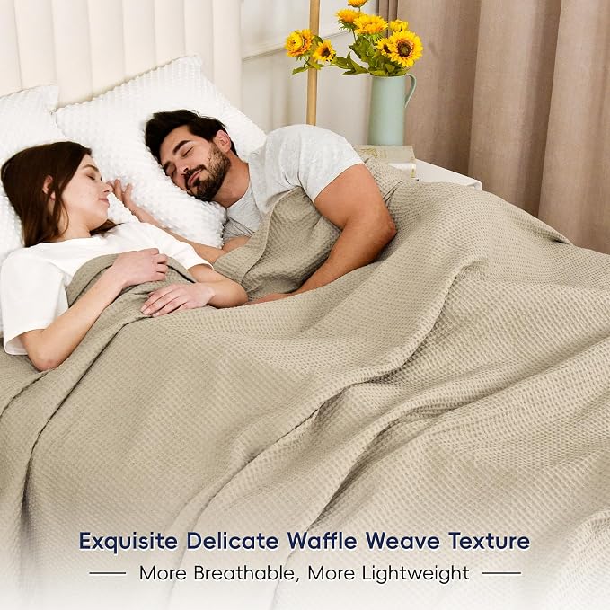 PHF 100% Cotton Waffle Weave Family Blanket Oversized King 120"*120", Pre-Washed Lightweight Breathable, Machine Washable,10'x 10' Huge Extra Large Big, Home Decoration Gift - Khaki/Simply Taupe