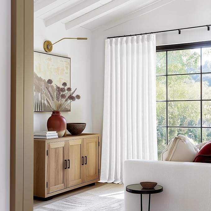 TWODRAPES 60 Inch Width Curtains 90 Inches Long Linen Curtains Pinch Pleated 90 Inch Length for Living Room Bedroom White Semi Sheer Back Tab Hooks Rings Pinch Pleat for Patio Glass Door 1 Panel