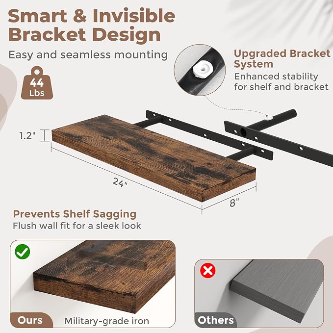 24 Inch Floating Shelves for Wall with Invisible Brackets Set of 2, 8"D Engineered Wood Wall Shelves with Wood Grain for Living Room, Bedroom, Bathroom, Kitchen Decor and Storage, Rustic Brown
