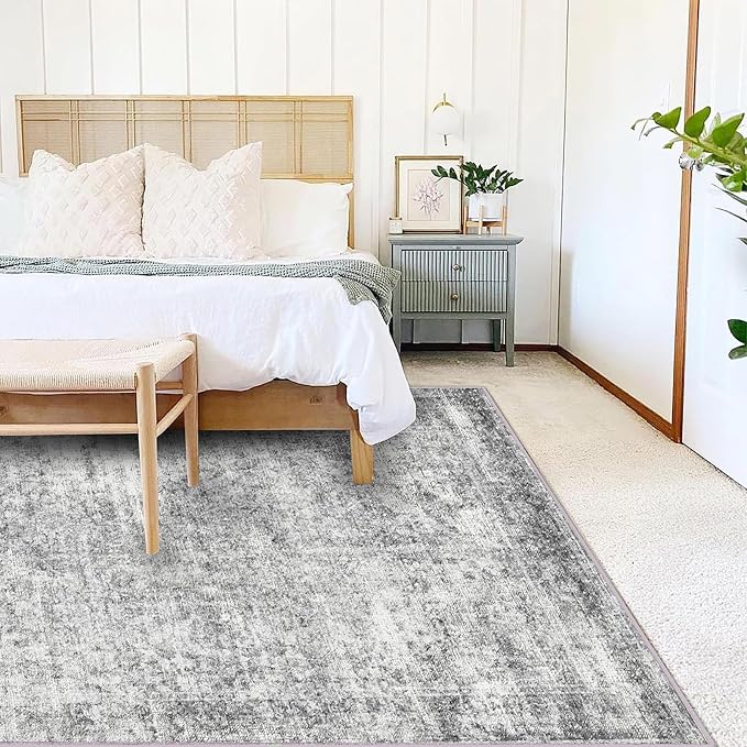 CHAMPLANT 5x7 Washable Area Rug Gray Vintage Traditional Floor Cover Foldable Thin Kitchen Accent Indoor Distressed Non Slip Carpet Floral Print Mat Bedroom Living Room Bathroom