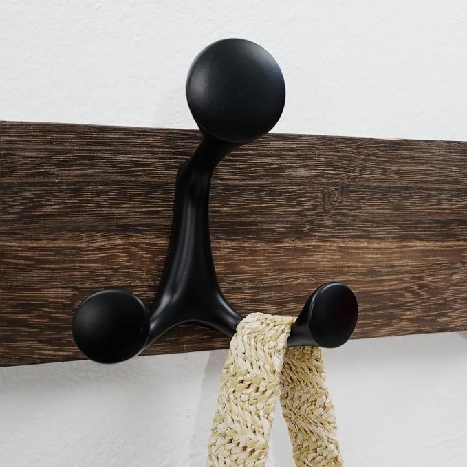 WEBI Coat Rack Wall Mount,17" Solid Wood Coat Hooks Wall Mounted Coat Hanger,16" Hole to Hole,Heavy Duty Hook Rack Rail,3 Triple Hooks for Hanging Coats,Jacket,Clothes,Hat,Weathered Brown,2 Packs