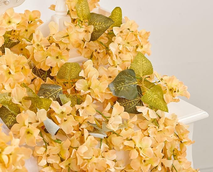 PONKING Flower Garland, Artificial Hydrangea Vine Flowers, Hanging Fake Hydrangeas Vine for Room Anniversary Wedding Birthday Christmas Wall Arch Decor, 2 Pcs, Floral Garland, Champagne Flower