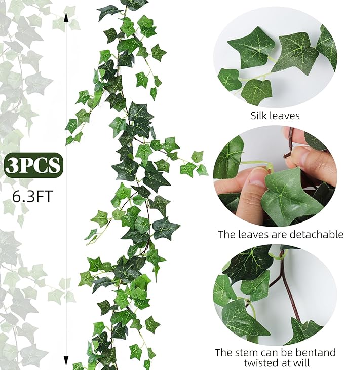 RECUTMS 3 Strands Artificial Ivy Vines 6.3Ft Green Ivy Garland Faux Hanging Plants Greenery Decoration Artificial Vines for Spring Home Decor Indoor Home Wall Wedding Room Easter Decor(Green)