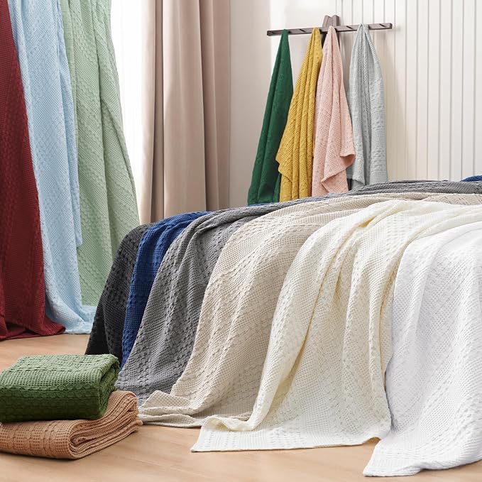 PHF 100% Cotton Waffle Blanket King Size for Bed, Lightweight Breathable and Soft for Summer, Luxury Aesthetic Waffle Weave Blanket for Home Decor & Gifts for Women, 108"x90", Blue Sapphire