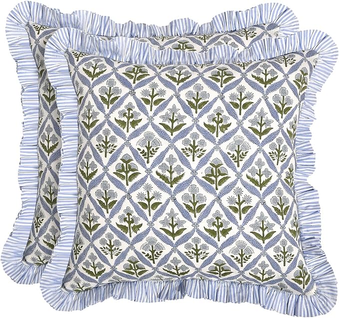 Ridhi Block Print Light Steel Blue Throw Pillow Cover 24" x 24" (Pack of 2) Decorative Cushion Covers with Ruffle for Couch, Sofa, Bed, Living Room, Home Decor Gift for Spring, Easter, Valentine
