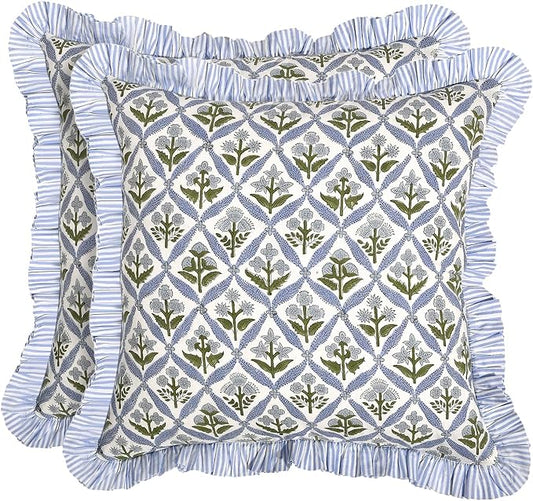 Ridhi Block Print Light Steel Blue Throw Pillow Cover 24" x 24" (Pack of 2) Decorative Cushion Covers with Ruffle for Couch, Sofa, Bed, Living Room, Home Decor Gift for Spring, Easter, Valentine