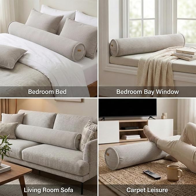 Long Pillow for Bed – Corduroy Round Bolster Pillow for Adults, Decorative Body Pillow for Sleeping or Sofa Support,39 x 7.87 Inches,Beige Gray