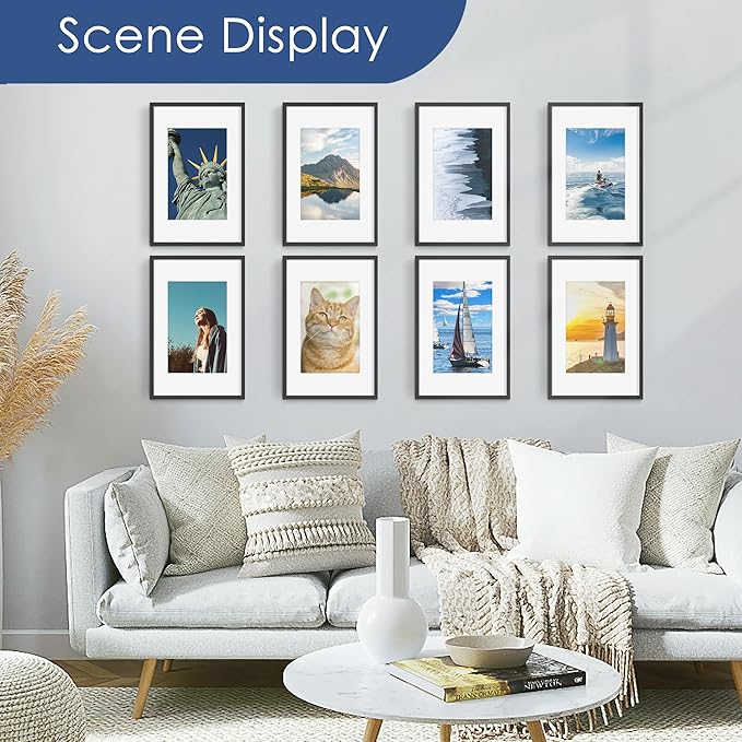 PEALSN 11x17 Picture Frame Set of 6, Display Pictures 8x12 with Mat or 11 x 17 without Mat for Wall Mounting Display, Photo Frames Collage for Wall Decor, Black.