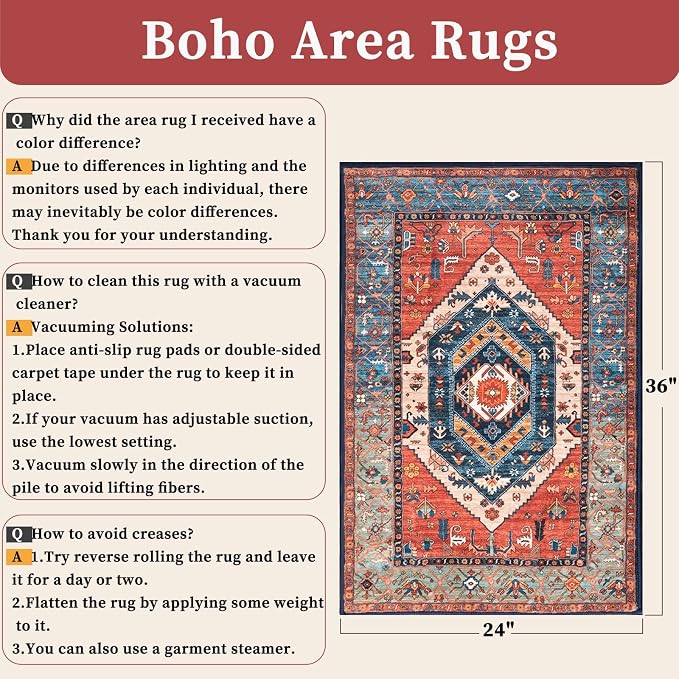 SERISSA Boho Rugs for Entryway, 2x3 Rust Entryway Rug Non-Slip Washable Small Area Rug, Ultra Soft Oriental Vintage Low-Pile Indoor Door Mat Floor Carpet for Entrance Bedroom Kitchen Bathroom