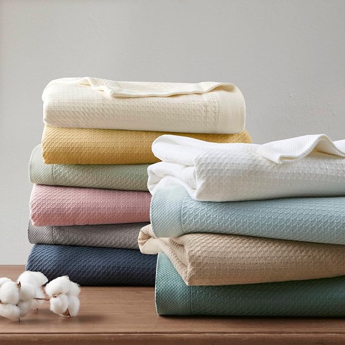 Madison Park 100% Egyptian Cotton Lightweight Summer Blanket, Breathable Waffle Knit Design, Soft Cozy All-Season Throw for Bed, Couch or Sofa, Sage Green Full/Queen Size (90"x90")