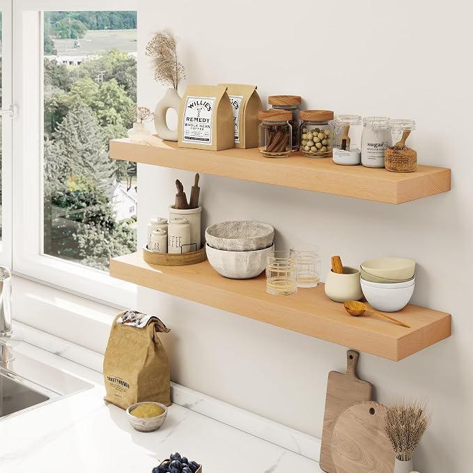 Floating Shelves for Wall, USA-Sourced Beech Wood 30 Inch Wall Shelves Set of 2, Natural Wooden Mounted Picture Ledge Shelf, Nursery Book Storage Shelf Kids Bookshelf Display, Shelf for Bathroom
