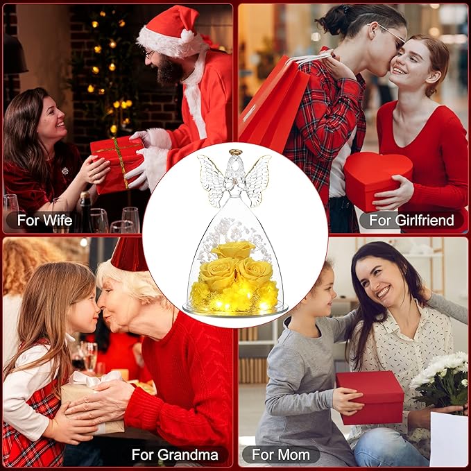 Mothers Day Rose Gifts for Women Preserved Real Flower in Glass Angel Figurines Roses for Delivery Prime Birthday Gifts for Mom Grandma Girlfriend Wife Her, Yellow