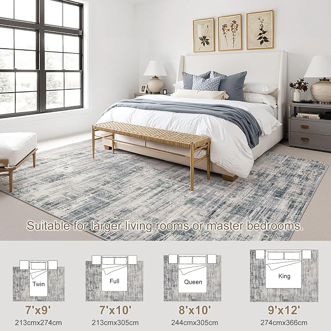UERMEI 9x12 Washable Area Rug for Living Room: Modern Neutral Abstract Large Soft Low Pile Carpet Non-Slip Pet Kids Friendly Indoor Decor for Bedroom Dining Room Home Office Nursery Gray