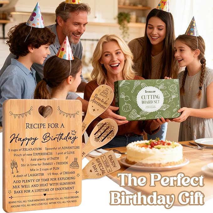 Birthday Gifts for Women - "Recipe for a Special Happy Birthday" Birthday Gifts for Men Cutting Board Set, Bamboo-Made Engraved Utensil Set Gifts for Women Birthday.