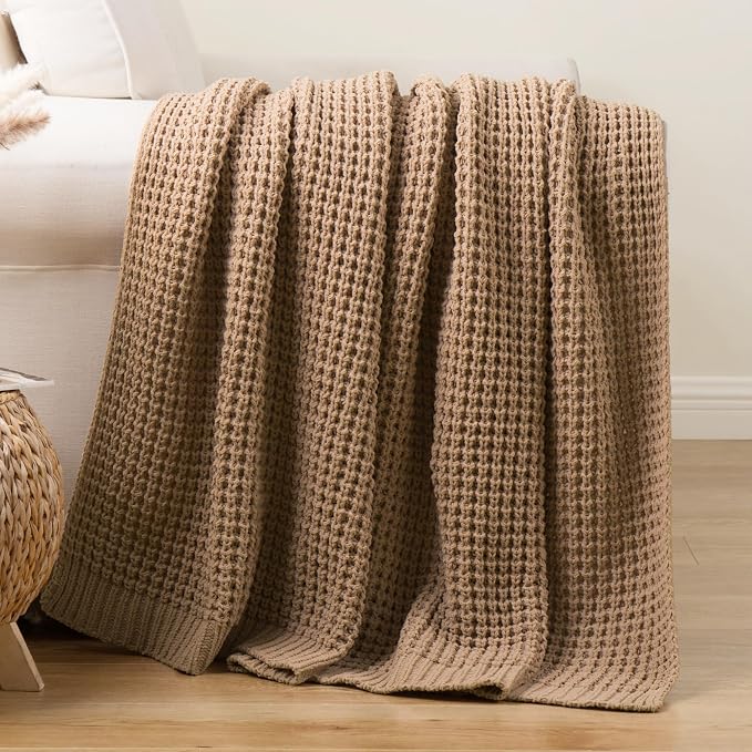 Bunnikins & Clover Beige Throw Blanket for Couch, Knitted Beige Throw for Bed, Neutral Throw Blankets Tan Blanket for Room Decor Housewarming Gifts, 50"x60"