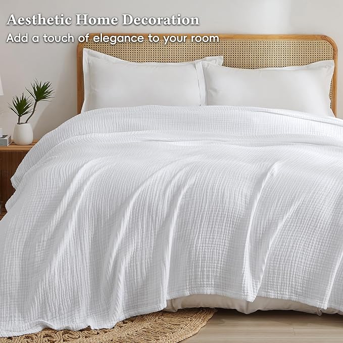 David's Home Soft Muslin Blanket Queen Size for Adults, 60% Rayon 40% Cotton, Breathable Lightweight Cooling Blanket for Hot Sleepers, 4-Layer Cozy Gauze for Bed, 90"x90", White