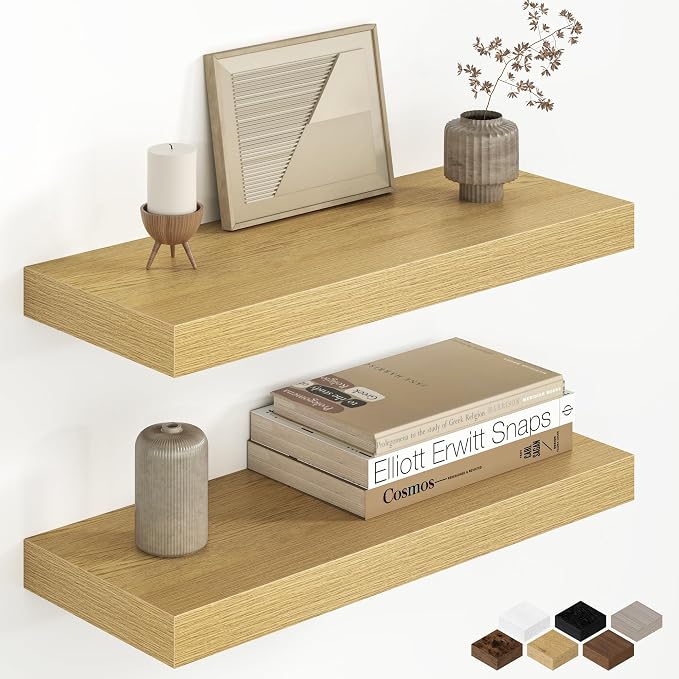 Fun Memories 20 Inch Floating Shelves for Wall, 8 Inch Deep Rustic Wood Wall Mounted Shelves with Invisible Brackets for Bathroom, Bedroom, Kitchen & Living Room Storage Decor, Oak, 2 Pack