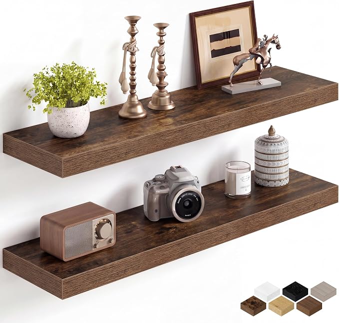 Fun Memories 32Inch Floating Shelves for Wall, 8 Inch Deep Shelves for Bathroom|Bedroom|Kitchen Wall Mounted, Wood Hanging Shelf with Invisible Brackets for Home Storage Decor, Rustic Brown - 2 Pack