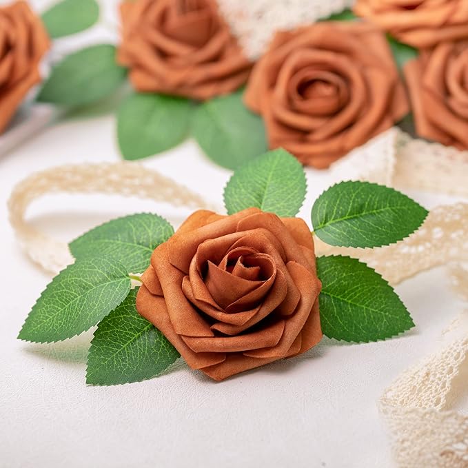 Mocoosy 50Pcs Burnt Orange Flowers Artificial Rose, Rust Fake Rose for Decoration, Real Touch Terracotta Foam Roses with Stems Wedding Bridal Shower Mother's Day Floral Arrangement Party Home Decor
