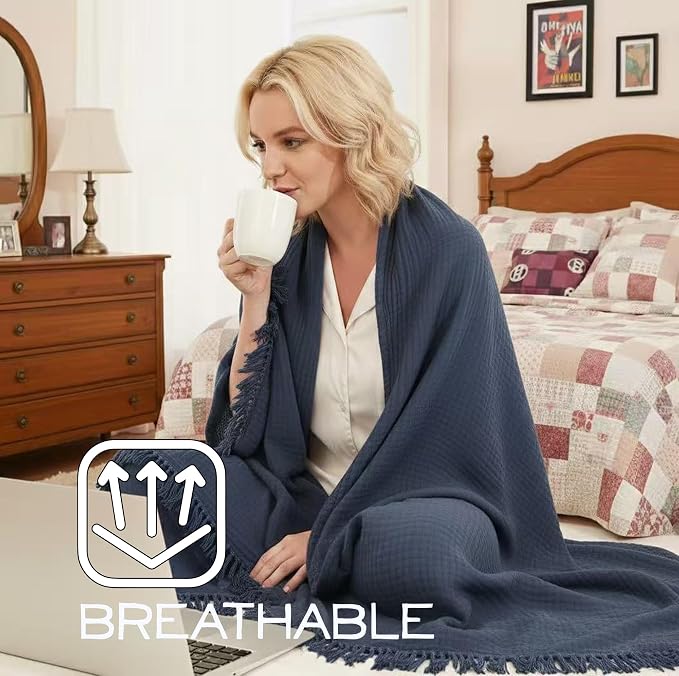 KyraHome 100% Organic Cotton Throw Blankets for Couch, Muslin Blankets for Adults, 60"x80", Plant Dyed Breathable Lightweight Summer Blankets, All Season (Navy Blue)