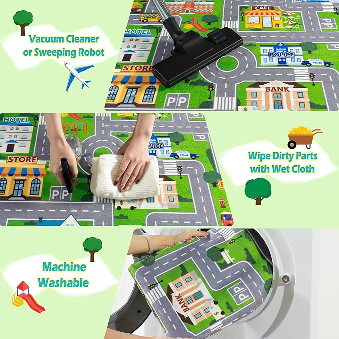 Car Rug Play Mat for Kids Toy Cars, City Road Traffic Playmat for Kid Bedroom, Non-Slip Machine Washable Kids Rugs for Learn and Have Fun 6'x9'/ 72"x108", Green
