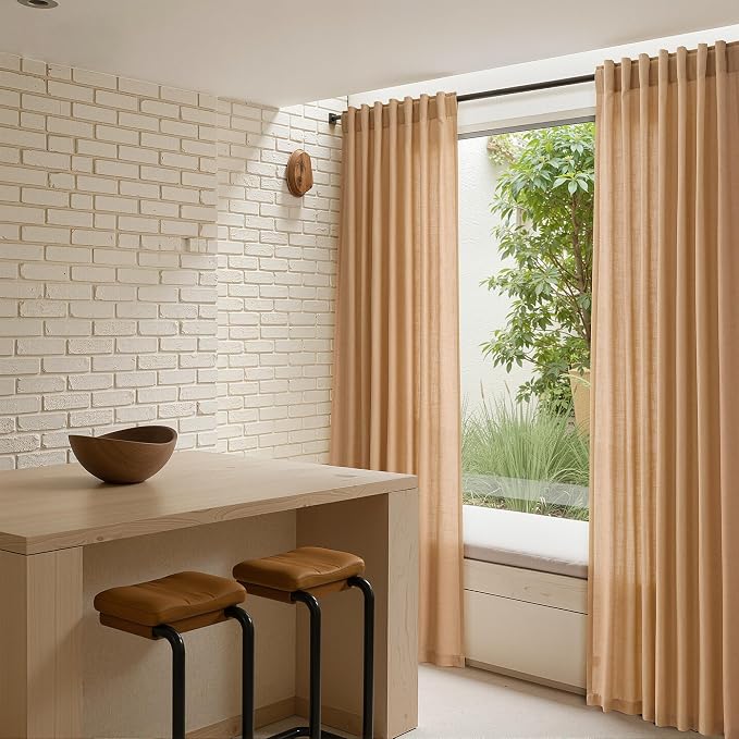 Nanspring Linen Curtains 90 Inches Long 2 Panels for Bedroom Camel Living Room Light Filtering Windows with Back Tab, Semi Sheer & Privacy Added Farmhouse Style for Living Room, Camel, W50 x L90