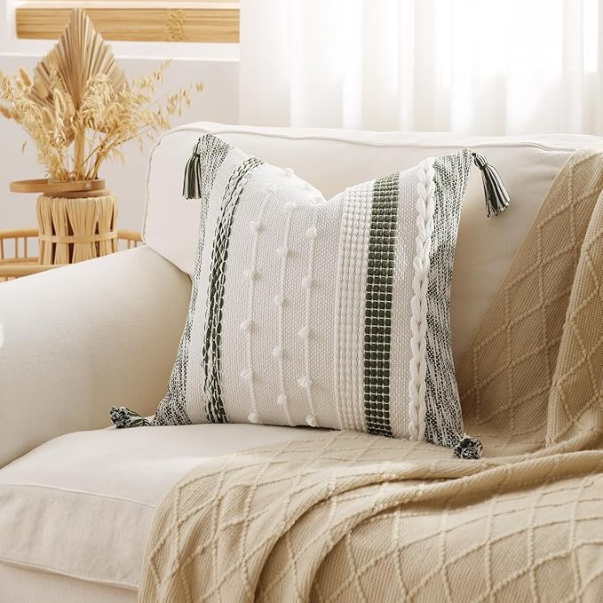DEZENE Boho Pillow Cover 18x18 Olive Green - Handmade Woven Textured Throw Pillow Case with Cordings & Tassels, Decorative Accent for Couch Sofa Bed Farmhouse Living Room Bedroom Home Decor