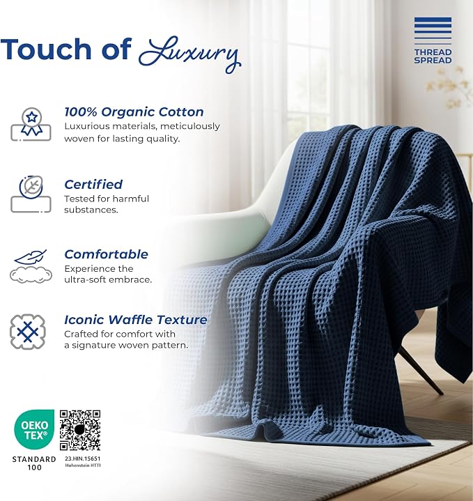 THREAD SPREAD 100% Cotton Waffle Blanket Queen Size - Soft Lightweight Breathable Waffle Weave Queen Blanket for All Season, Textured Throw Blankets for Bed, Sofa, Hotel, Hospital - Navy Blue