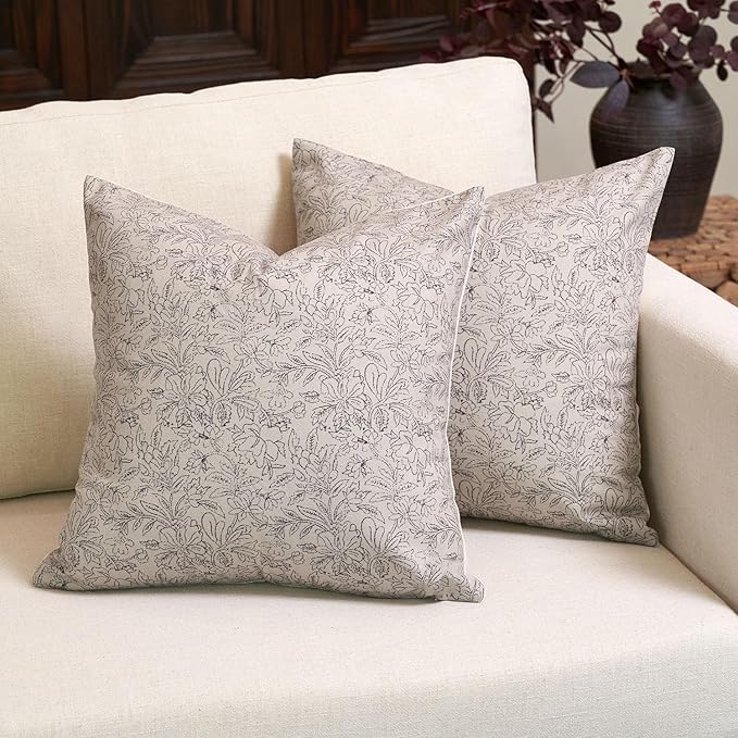 Amor Virisso Floral Throw Pillow Covers 24x24 Set of 2 Vintage Block Print Pillow Covers Decorative Pillow Covers Couch Pillows for Living Room Farmhouse Accent Sofa Pillows, Black/Sand