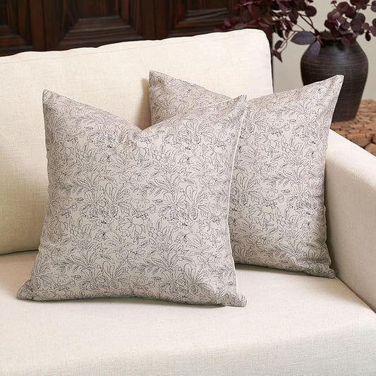 Amor Virisso Floral Throw Pillow Covers 24x24 Set of 2 Vintage Block Print Pillow Covers Decorative Pillow Covers Couch Pillows for Living Room Farmhouse Accent Sofa Pillows, Black/Sand