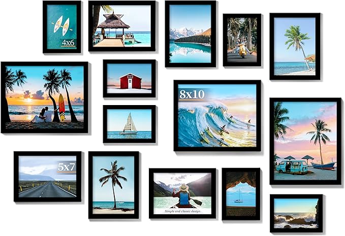 PEALSN 15 Pack Collage Picture Frames, Gallery Wall Frame Set with Three 8x10, Six 5x7, and Six 4x6, Multiple Photo Frames for Wall Gallery Decor, Black