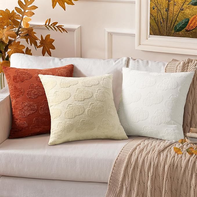 decorUhome Decorative Two Cream White Pumpkins Thanksgiving Throw Pillow Covers 18x18 Set of 2, Soft Chenille Jacquard Farmhouse Textured Pillow Covers for Couch Sofa Autumn Harvest Halloween Holiday
