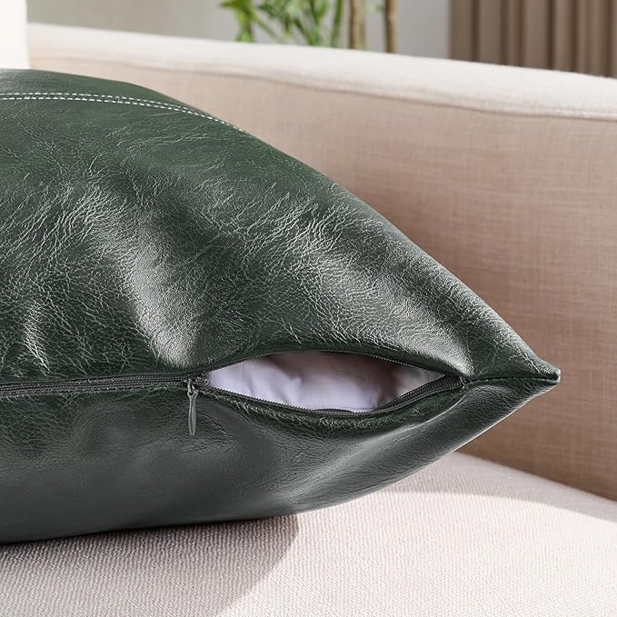 Fancy Homi Dark Green Lumbar Faux Leather Decorative Throw Pillow Covers 12x20 Inch for Living Room Couch Bed, Modern Farmhouse Boho Home Decor, Olive Green Hand Stitched Cushion Case 30x50 cm