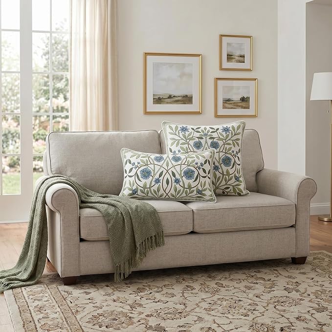 ISAENNE Designer Vintage Linen Throw Pillow Cover,20"x12"-Mosella A | French Elegant Rectangle Decor Pillow Cover,Concealed Zipper Design,Floral Pattern,Sofa,Bedroom,Living Room,Lounge Chairs