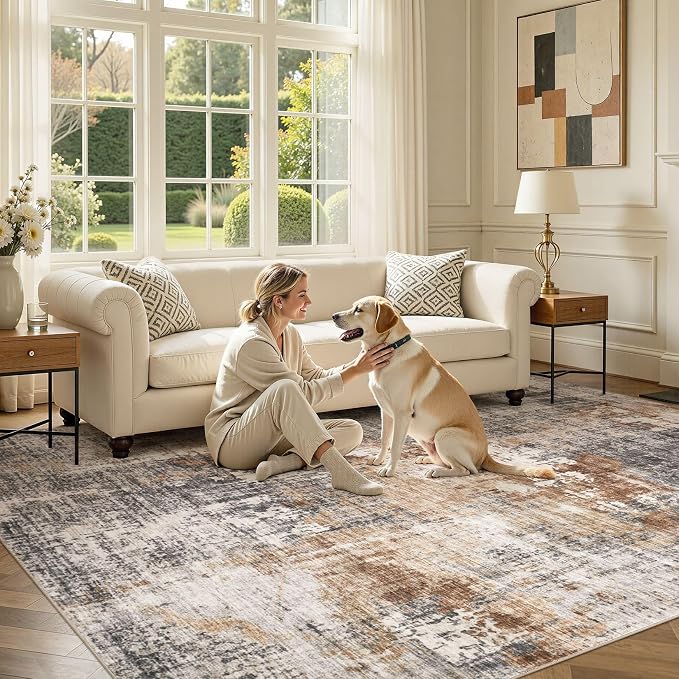 DMOYEST Area Rug Living Room Rugs - 12x15 Washable Large Soft Indoor Neutral Modern Abstract Low Pile Rug Carpet for Bedroom Dining Room Farmhouse Home Office - Grey Brown