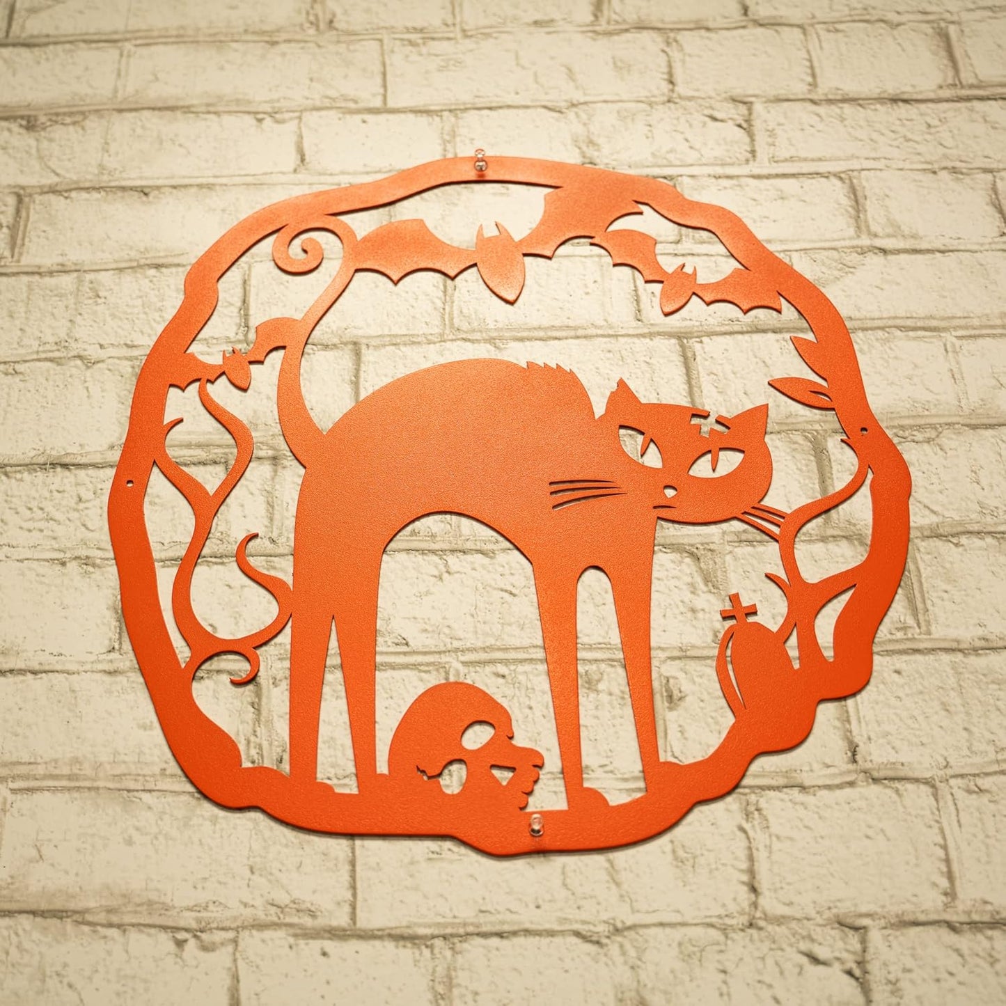 RealSteel Halloween Cat Wreath, 18" Steel, Cottage, Rustic Style, Orange, Wall Decor, Front Door, Living Room, Porch, Haunted House