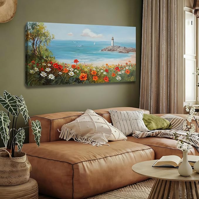 Ardemy Lighthouse Framed Canvas Wall Art for Living Room Blue Ocean Painting Seascape Landscape Coastal Picture Textured Bedroom Oversized Artwork Home Office Wall Decor, Extra Large 58"x29"