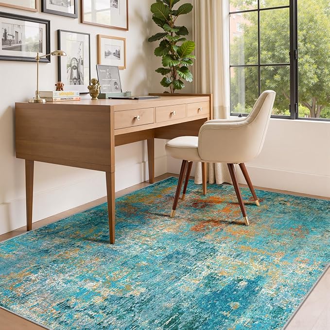 RELEANY Washable Area Rugs 6'x9' Non-Slip Modern Abstract Soft for Living Room Entryway Bedroom Nursery, Print Pattern, Teal Blue Green Orange Rust Red Coloreful