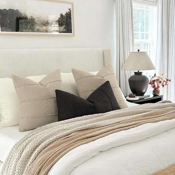 YCOLL Textured Boucle Throw Pillow Covers 22x22 Pack of 2 - Soft Neutral Striped Cushion Covers, Cozy Accent Decorative Pillow Covers for Couch, Sofa, Bed, Living Room (Oatmeal)