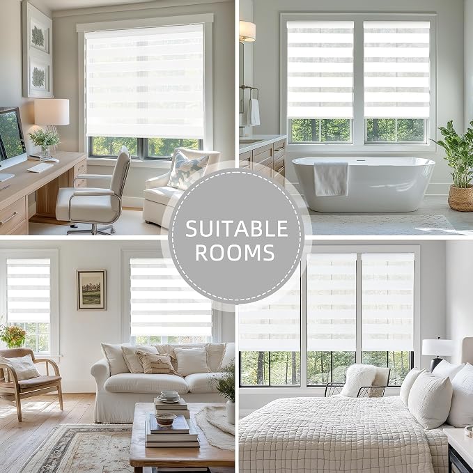 ChrisDowa Cordless Zebra Blinds for Windows, Dual Layer Free-Stop Light Filtering Window Roller Shades, Pull Down Privacy Zebra Shades for Home, Office, Bedroom, Door (28" W x 72" H, White)