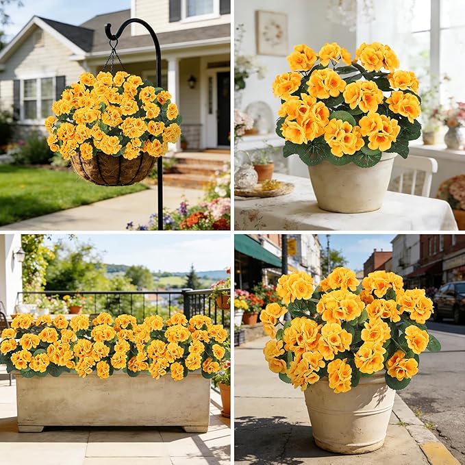 Ouddy Decor Artificial Geranium Flowers for Outdoors, Fake Silk Flowers UV Resistant Faux Geraniums for Vase Planter Garden Patio Balcony Porch Indoor Outdoor Spring Summer Home Decor, 12 Pcs Yellow
