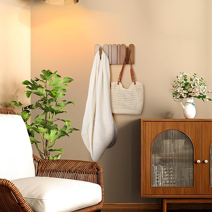 Wooden Coat Rack for Wall: Modern Piano 4 Hooks Wall Mounted Heavy Duty for Small Spaces Entryway Hallway Bathroom for Hanging Jacket Towel Backpack